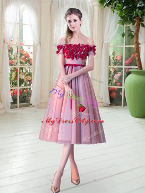 Pink Tulle Lace Up Evening Dress Sleeveless Tea Length Appliques