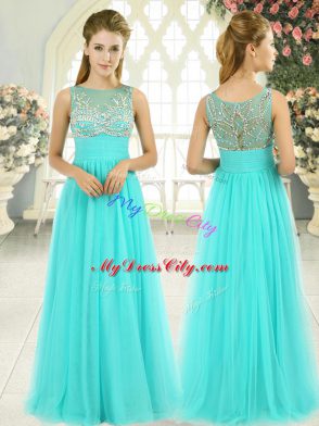 Fabulous Floor Length Backless Prom Dress Aqua Blue for Prom and Party and Military Ball with Beading