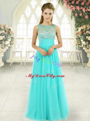 Fabulous Floor Length Backless Prom Dress Aqua Blue for Prom and Party and Military Ball with Beading