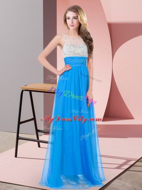 Fashion Scoop Sleeveless Homecoming Dress Floor Length Beading Baby Blue Chiffon