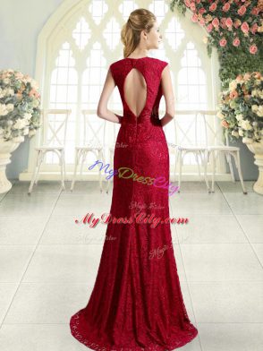 Wonderful Sweep Train Column/Sheath Prom Evening Gown Red Scoop Cap Sleeves Backless