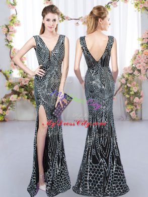 Shining Black Mermaid Sequins Court Dresses for Sweet 16 Backless Sleeveless Floor Length