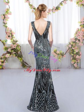 Shining Black Mermaid Sequins Court Dresses for Sweet 16 Backless Sleeveless Floor Length