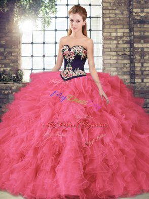 Fine Hot Pink Sweetheart Lace Up Beading and Embroidery Quinceanera Dresses Sleeveless