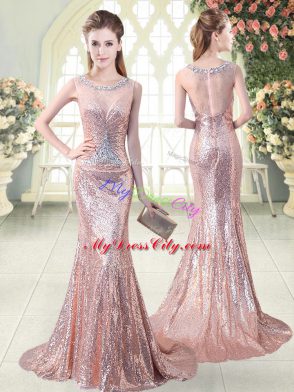 Pink Sequined Zipper Scoop Sleeveless Prom Dress Brush Train Beading