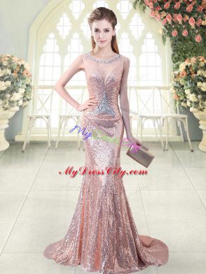 Pink Sequined Zipper Scoop Sleeveless Prom Dress Brush Train Beading