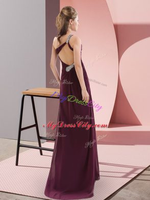 Olive Green Empire One Shoulder Sleeveless Chiffon Floor Length Backless Beading Evening Dress