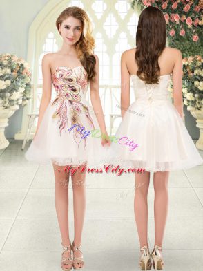 A-line Prom Party Dress Champagne Sweetheart Tulle Sleeveless Mini Length Lace Up