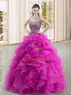 Spectacular Fuchsia Ball Gowns Beading and Ruffles Quinceanera Gowns Lace Up Organza Sleeveless Floor Length