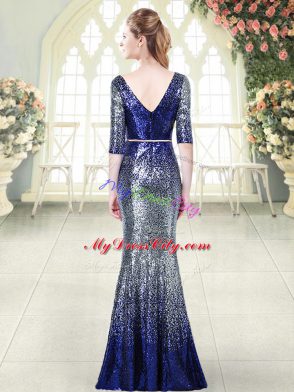 Amazing Half Sleeves Floor Length Belt Zipper Prom Dresses with Royal Blue