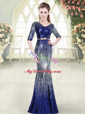 Amazing Half Sleeves Floor Length Belt Zipper Prom Dresses with Royal Blue