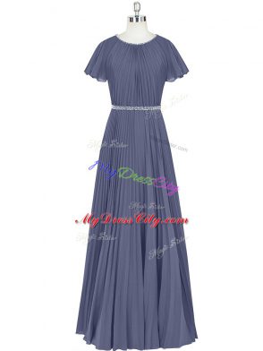 Ideal Chiffon Short Sleeves Floor Length Dress for Prom and Beading and Pleated