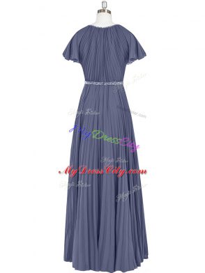 Ideal Chiffon Short Sleeves Floor Length Dress for Prom and Beading and Pleated