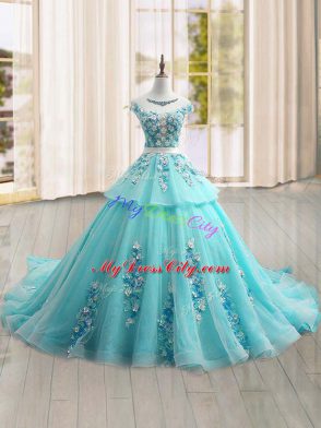 Aqua Blue Cap Sleeves Appliques Lace Up Quince Ball Gowns