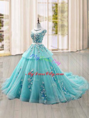 Aqua Blue Cap Sleeves Appliques Lace Up Quince Ball Gowns