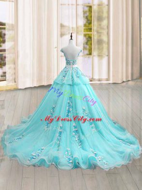 Aqua Blue Cap Sleeves Appliques Lace Up Quince Ball Gowns