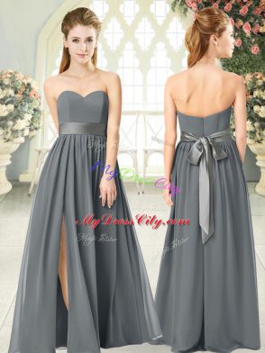 Wonderful Grey Evening Dress Prom and Party with Belt Sweetheart Sleeveless Zipper