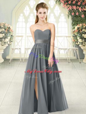 Wonderful Grey Evening Dress Prom and Party with Belt Sweetheart Sleeveless Zipper