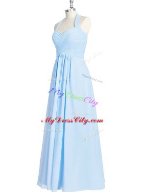 Blue Prom Party Dress Prom and Party with Ruching Halter Top Sleeveless Zipper