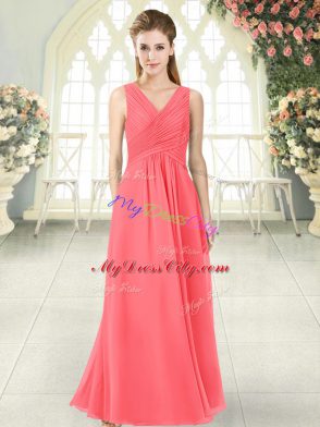 Elegant Watermelon Red Empire Ruching Prom Gown Zipper Chiffon Sleeveless Floor Length