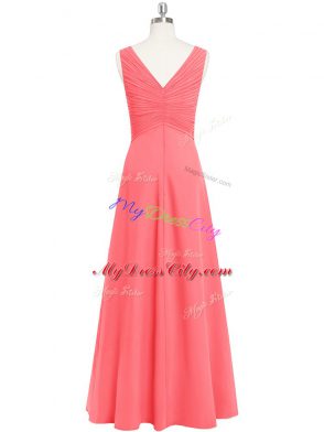 Elegant Watermelon Red Empire Ruching Prom Gown Zipper Chiffon Sleeveless Floor Length