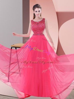 Scoop Sleeveless Sweep Train Backless Homecoming Dress Coral Red Chiffon