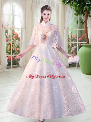 Shining White Half Sleeves Floor Length Appliques Zipper