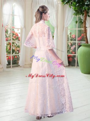 Shining White Half Sleeves Floor Length Appliques Zipper