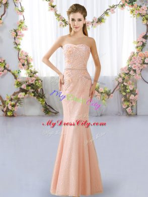 Flirting Peach Sleeveless Lace Floor Length Damas Dress