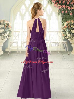 Popular Halter Top Sleeveless Floor Length Ruching Purple Chiffon