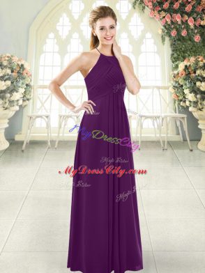 Popular Halter Top Sleeveless Floor Length Ruching Purple Chiffon