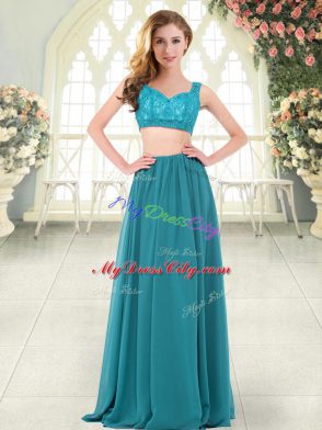 Teal Zipper Straps Beading and Lace Prom Evening Gown Chiffon Sleeveless