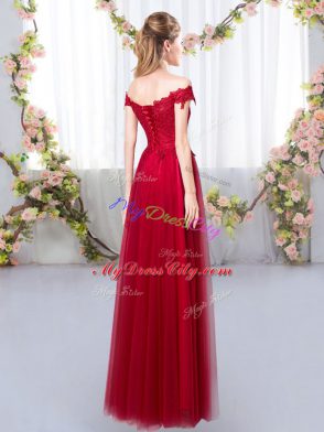 Off The Shoulder Sleeveless Lace Up Wedding Guest Dresses Wine Red Tulle