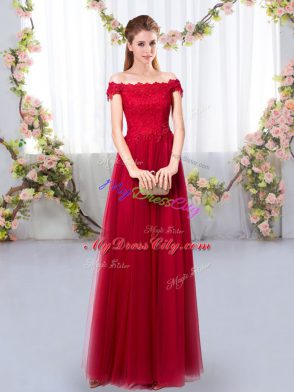 Off The Shoulder Sleeveless Lace Up Wedding Guest Dresses Wine Red Tulle