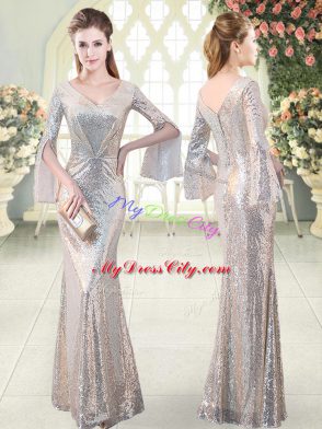 Silver Mermaid Sequined V-neck Long Sleeves Ruching Floor Length Homecoming Dress