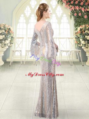 Silver Mermaid Sequined V-neck Long Sleeves Ruching Floor Length Homecoming Dress