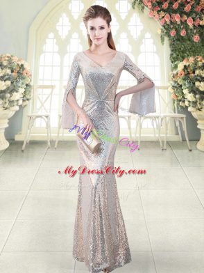 Silver Mermaid Sequined V-neck Long Sleeves Ruching Floor Length Homecoming Dress