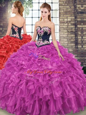 Deluxe Fuchsia Sweetheart Neckline Embroidery and Ruffles Sweet 16 Dress Sleeveless Lace Up
