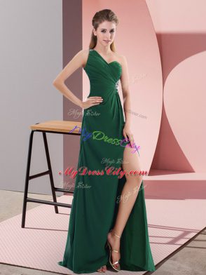 Fashion One Shoulder Sleeveless Sweep Train Backless Green Satin