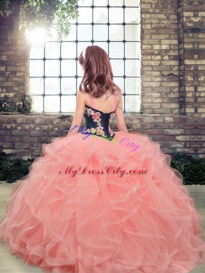 Eye-catching Lilac Sleeveless Floor Length Embroidery and Ruffles Lace Up Pageant Dress