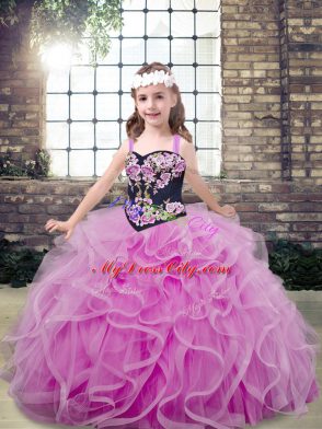 Eye-catching Lilac Sleeveless Floor Length Embroidery and Ruffles Lace Up Pageant Dress