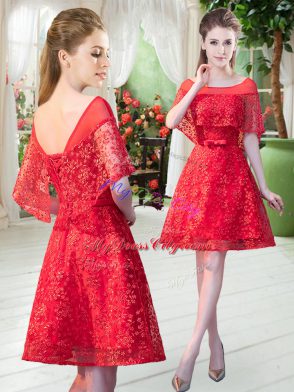 A-line Prom Dress Red Scoop Lace Short Sleeves Mini Length Lace Up