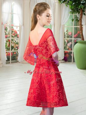 A-line Prom Dress Red Scoop Lace Short Sleeves Mini Length Lace Up