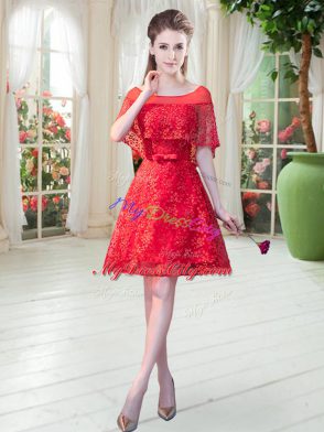 A-line Prom Dress Red Scoop Lace Short Sleeves Mini Length Lace Up