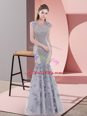 Grey Mermaid Beading and Lace and Hand Made Flower Prom Dresses Lace Up Tulle Cap Sleeves Floor Length