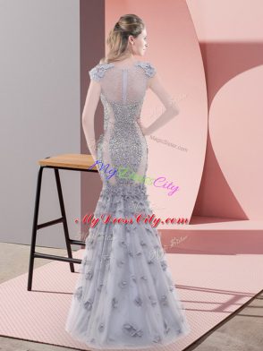 Grey Mermaid Beading and Lace and Hand Made Flower Prom Dresses Lace Up Tulle Cap Sleeves Floor Length