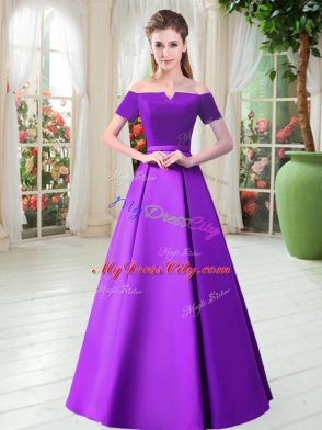 Purple Satin Lace Up Prom Dress Short Sleeves Floor Length Belt