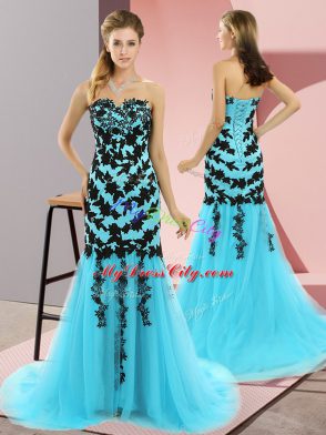 Traditional Aqua Blue Sweetheart Neckline Appliques Evening Dress Sleeveless Lace Up