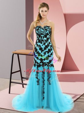 Traditional Aqua Blue Sweetheart Neckline Appliques Evening Dress Sleeveless Lace Up