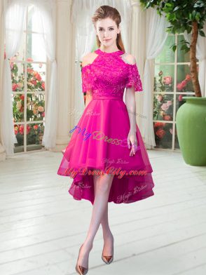 Hot Pink Homecoming Dress Prom and Party with Lace High-neck Short Sleeves Zipper